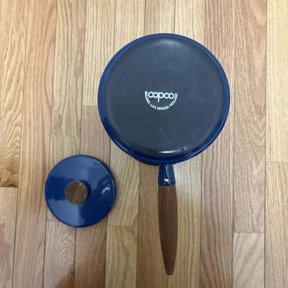 MCM Copco Michael LAX Design Holland Blue Enamel Fondue Pot Wood‎ Handle Vintage